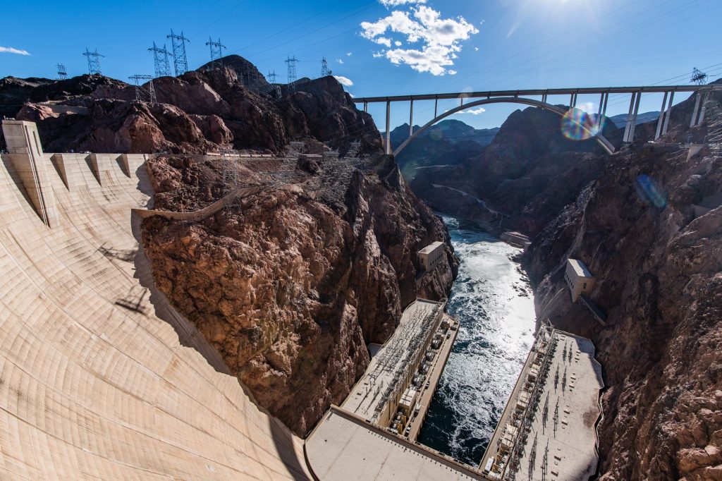 Panoramic picture of Hoover Dam and Mike O'Callaghan - Pat Tillman Memorial Bridge connecting