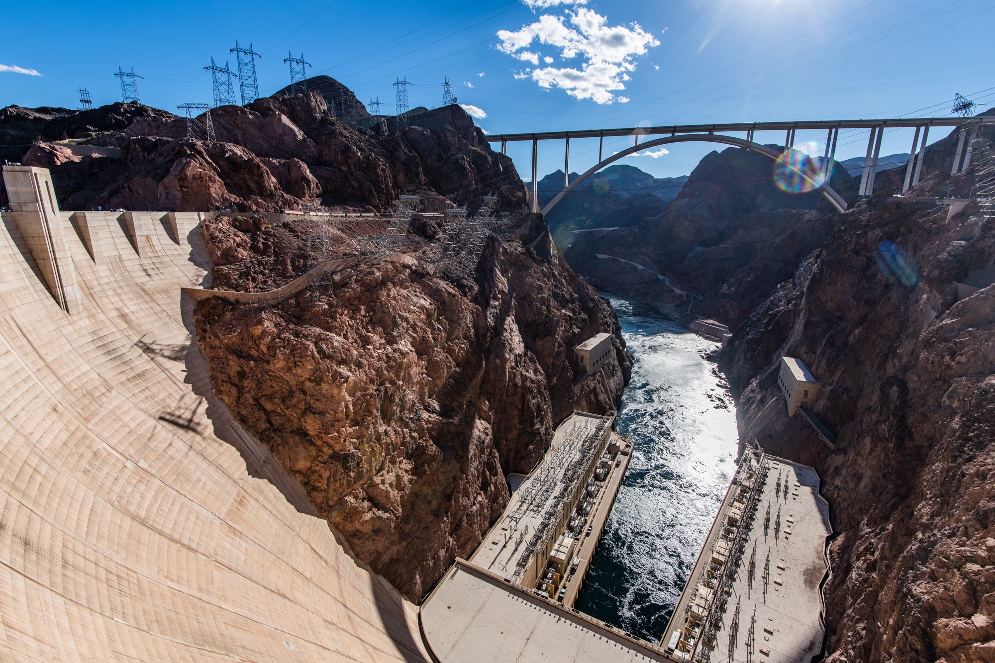 Panoramic picture of Hoover Dam and Mike O'Callaghan - Pat Tillman Memorial Bridge connecting